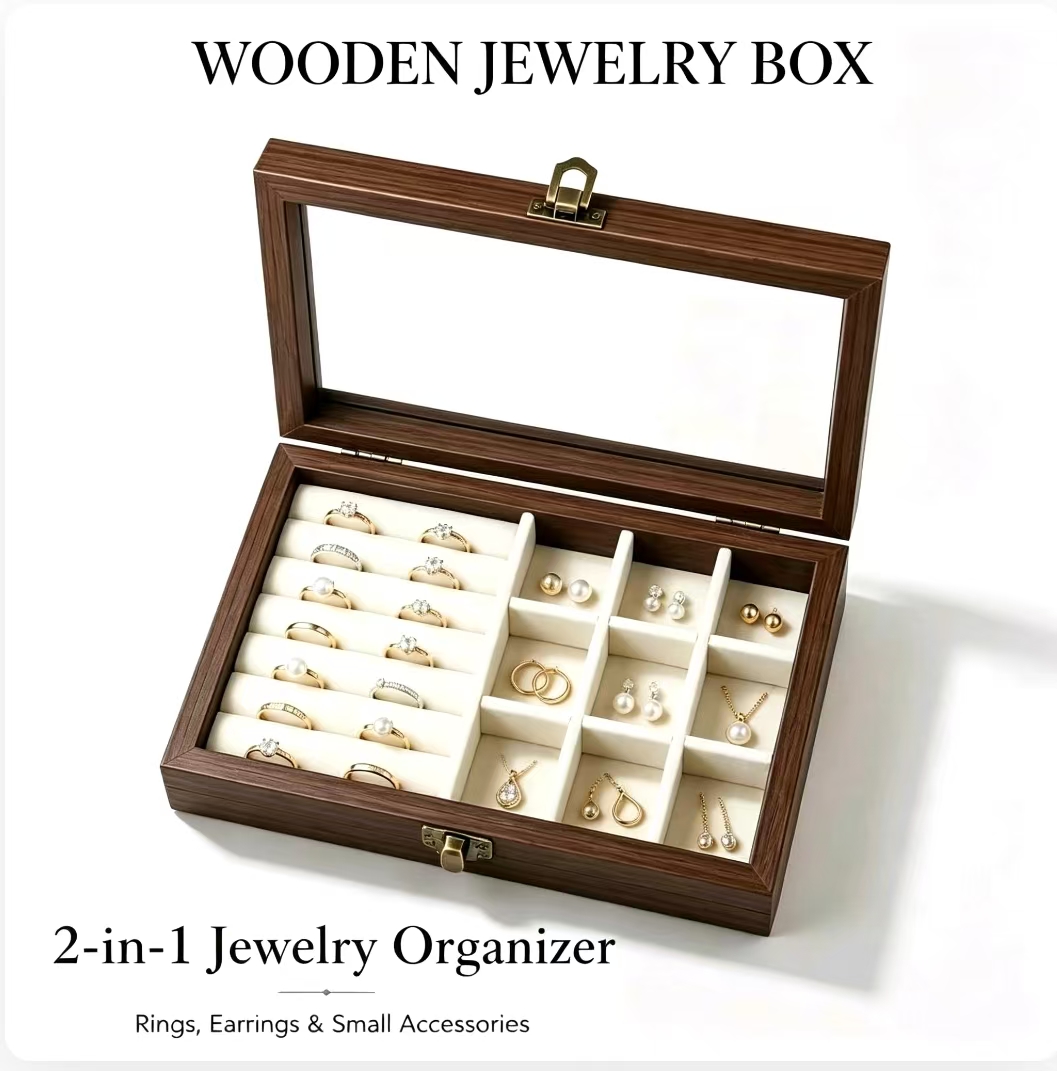 Velvet Jewelry Box - Bedroom Desktop Walnut Pattern Velvet Jewelry